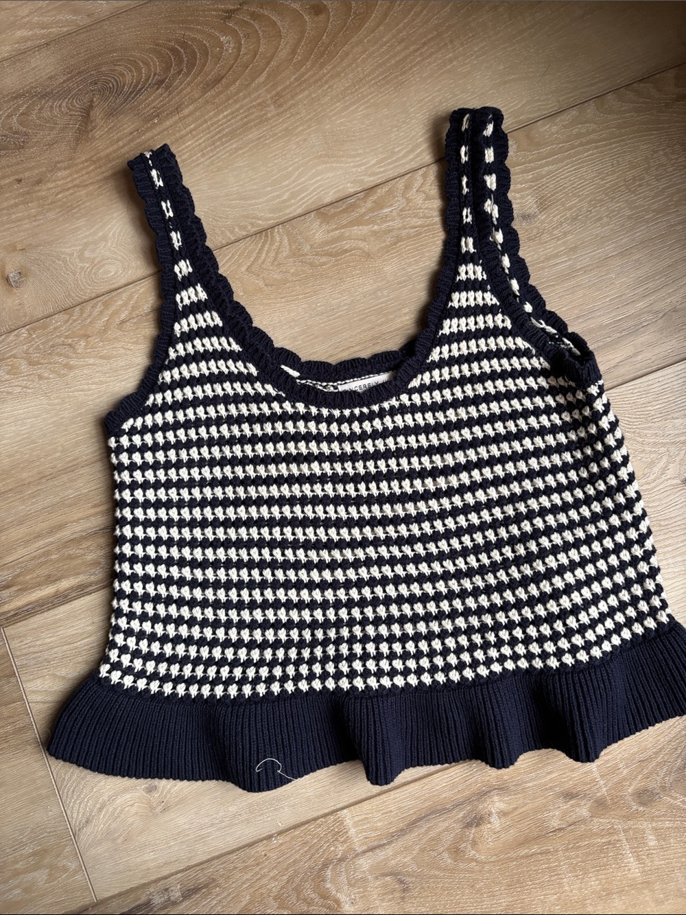 Sincerely Jules Navy and Cream Crochet Knit Tank